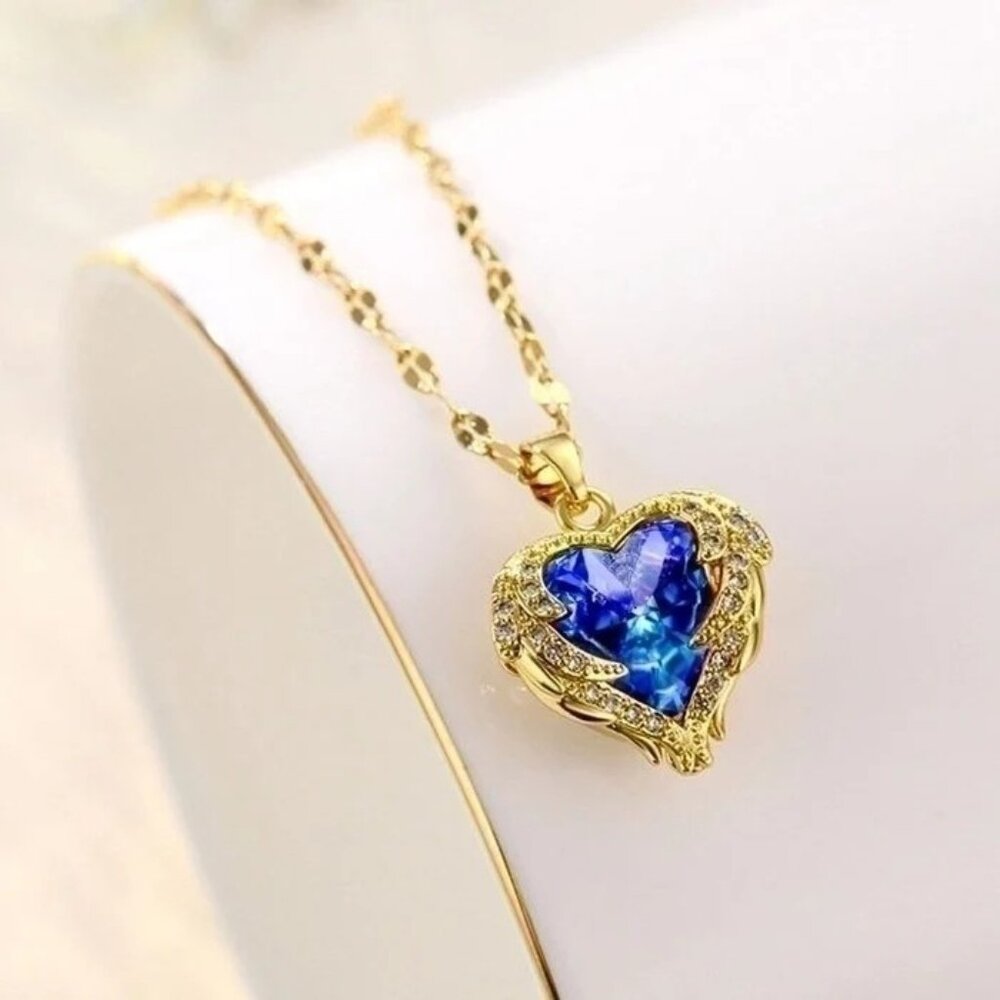 Stainless Steel Lady Inlay Heart Shape Artificial Gemstones Pendant Necklace